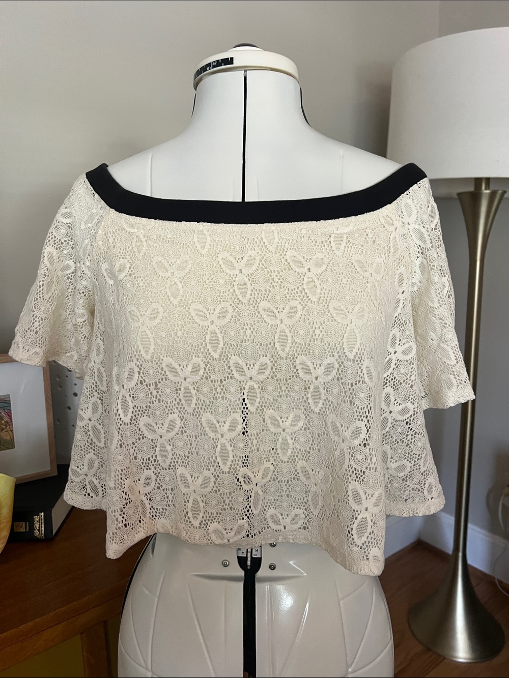Kimchi Blue Cream Lace Off-Shoulder Crop Top with Black Trim